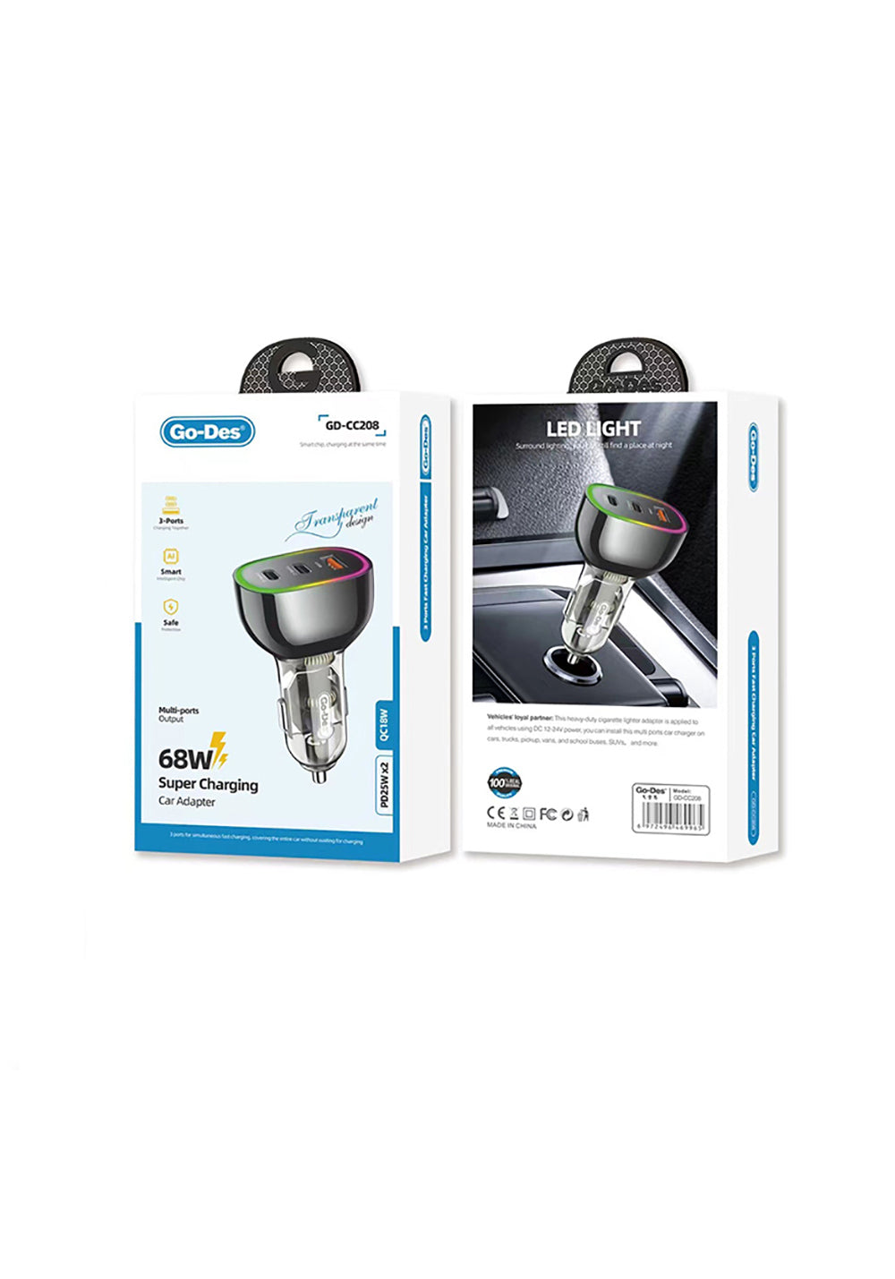 Go Des GD-CC208 Hızlı Şarj Özellikli Dual Type-C + USB-A Portlu Araç Şarj Aleti 68W