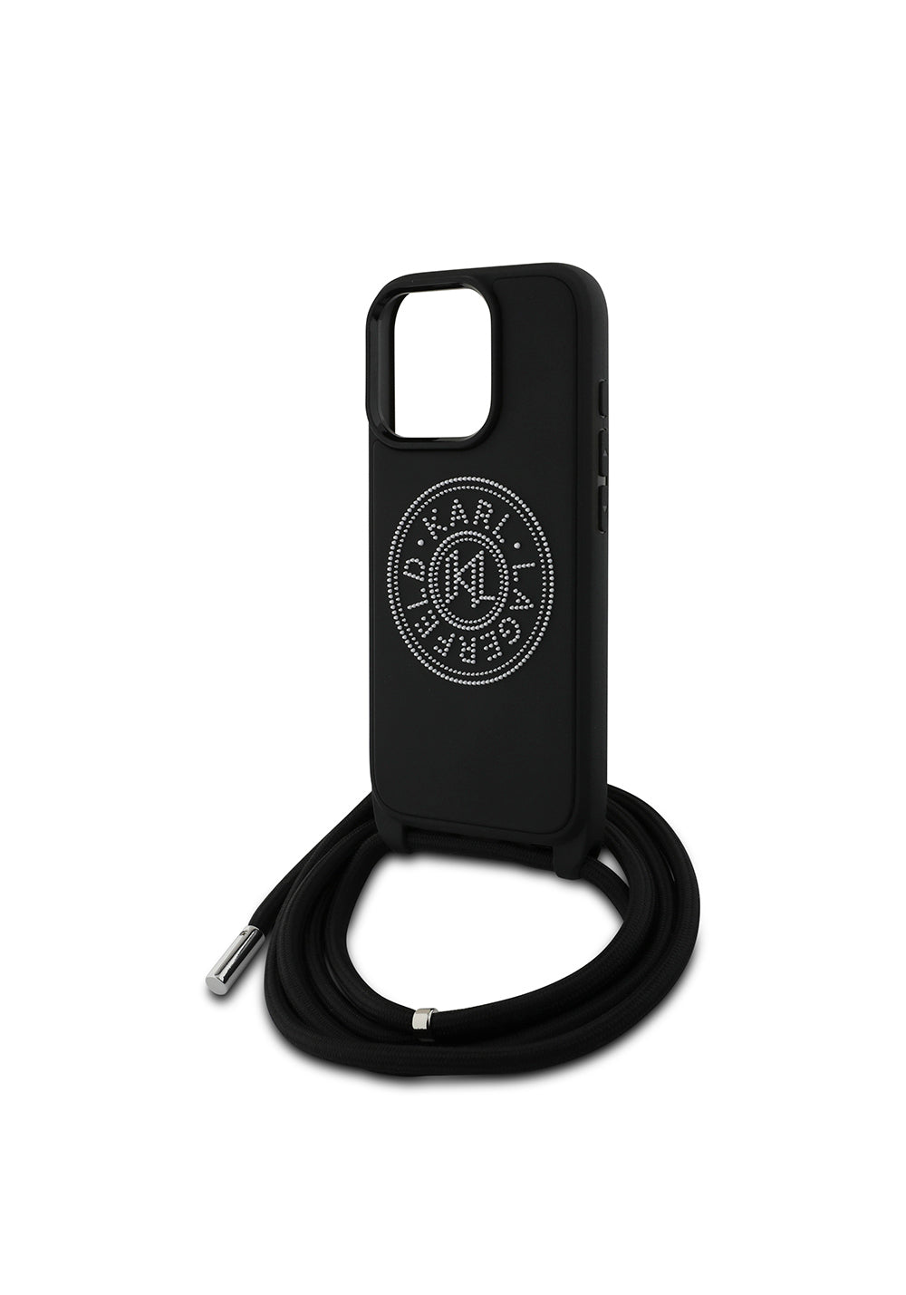 Apple iPhone 16 Pro Kılıf Karl Lagerfeld Orijinal Lisanslı Askı İpli Taşlı KL Yazılı Crossbody Cord Kapak