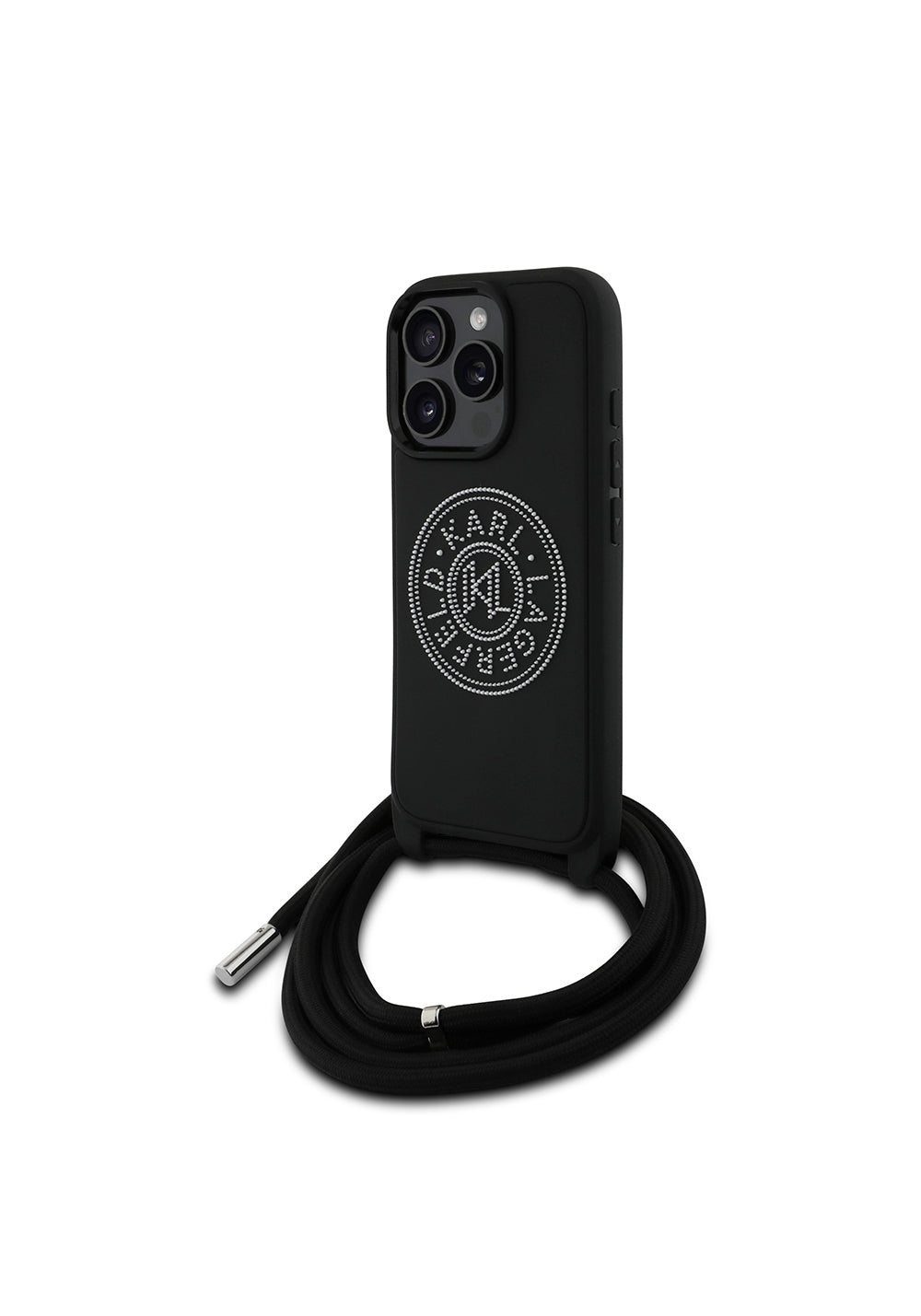 Apple iPhone 16 Pro Max Kılıf Karl Lagerfeld Orijinal Lisanslı Askı İpli Taşlı KL Yazılı Crossbody Cord Kapak
