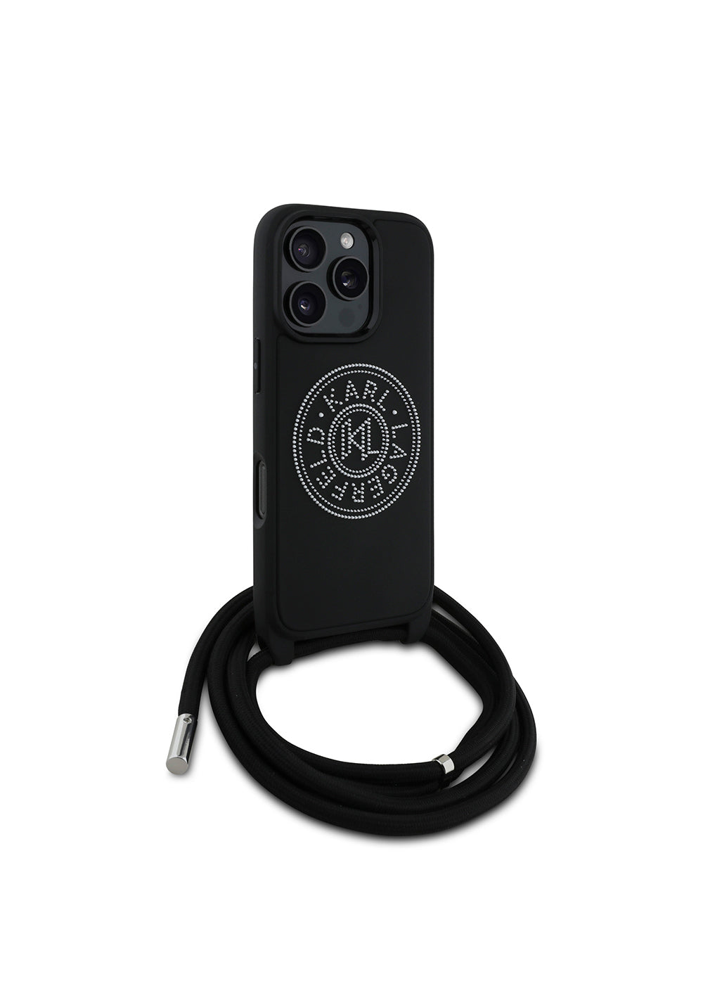 Apple iPhone 16 Pro Max Kılıf Karl Lagerfeld Orijinal Lisanslı Askı İpli Taşlı KL Yazılı Crossbody Cord Kapak
