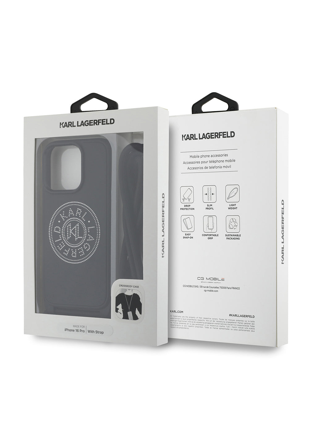Apple iPhone 16 Pro Max Kılıf Karl Lagerfeld Orijinal Lisanslı Askı İpli Taşlı KL Yazılı Crossbody Cord Kapak