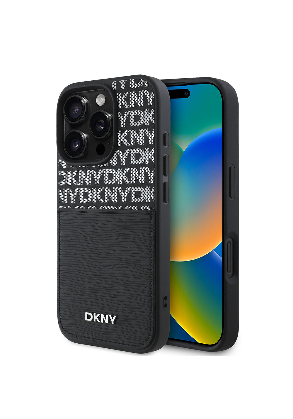 Apple iPhone 16 Pro Kılıf DKNY Orijinal Lisanslı Kartlıklı 3D Yazılı Repeat Texture Pattern Kapak