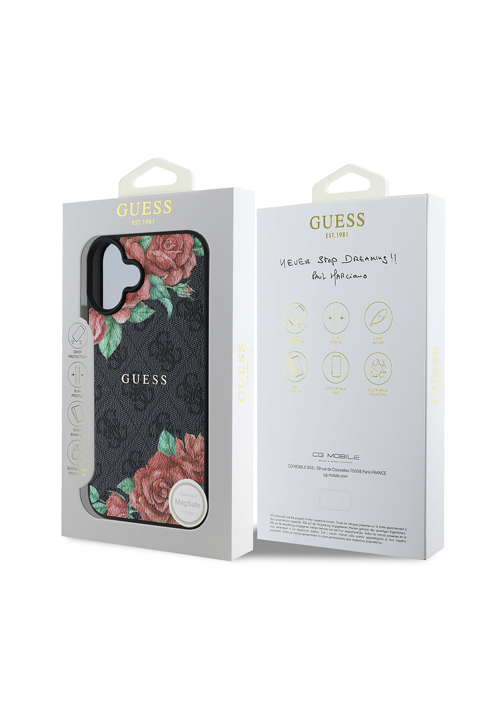 Apple iPhone 16 Plus Kılıf Guess Orijinal Lisanslı Manyetik Şarj Uyumlu Gül Baskılı 4G Desenli Yazı Logolu Kapak