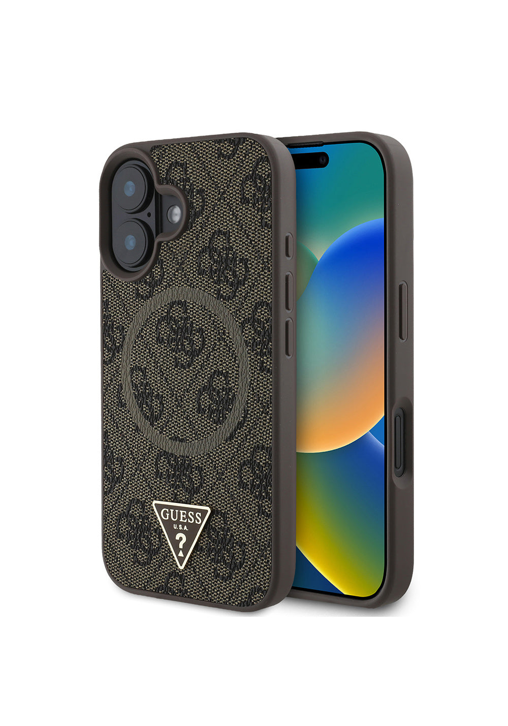 Apple iPhone 16 Kılıf Guess Orijinal Lisanslı Manyetik Şarj Uyumlu PU Üçgen Logo 4G Desenli Kapak