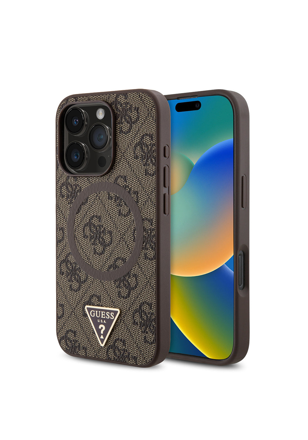 Apple iPhone 16 Pro Max Kılıf Guess Orijinal Lisanslı Manyetik Şarj Uyumlu PU Üçgen Logo 4G Desenli Kapak