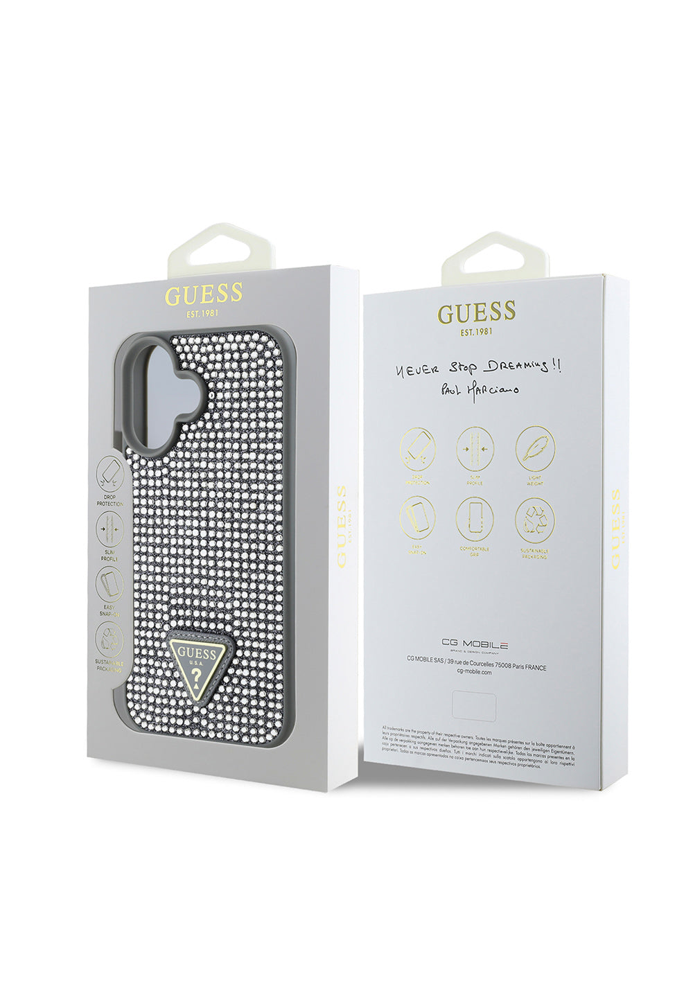 Apple iPhone 16 Kılıf Guess Orijinal Lisanslı Taşlı Arka Yüzey Üçgen Logolu Kapak