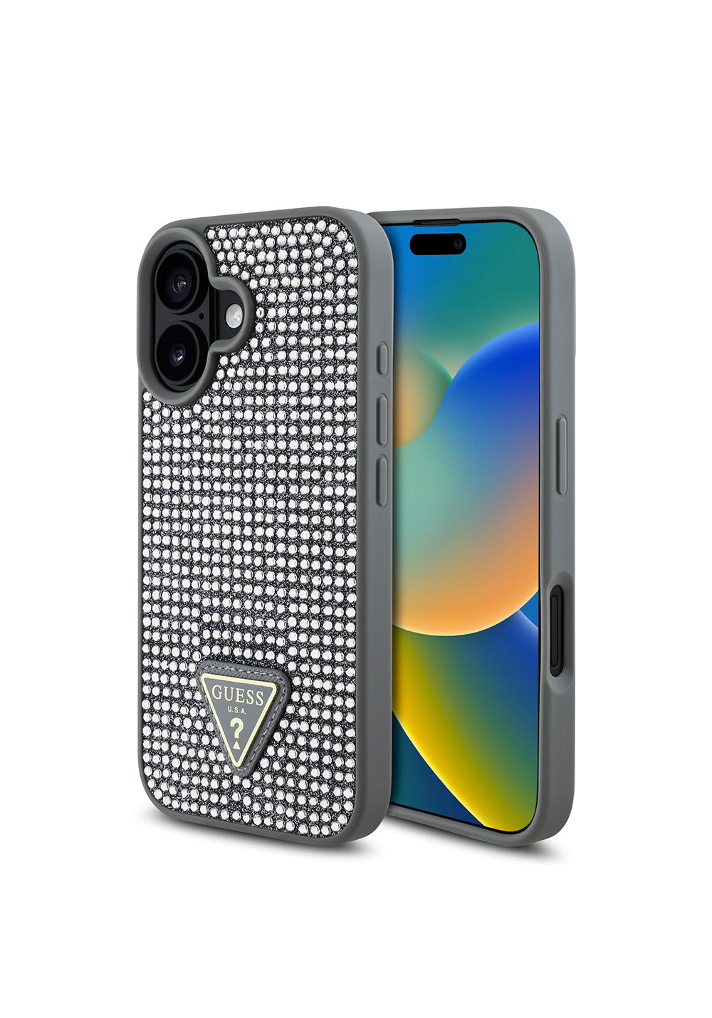 Apple iPhone 16 Plus Kılıf Guess Orijinal Lisanslı Taşlı Arka Yüzey Üçgen Logolu Kapak