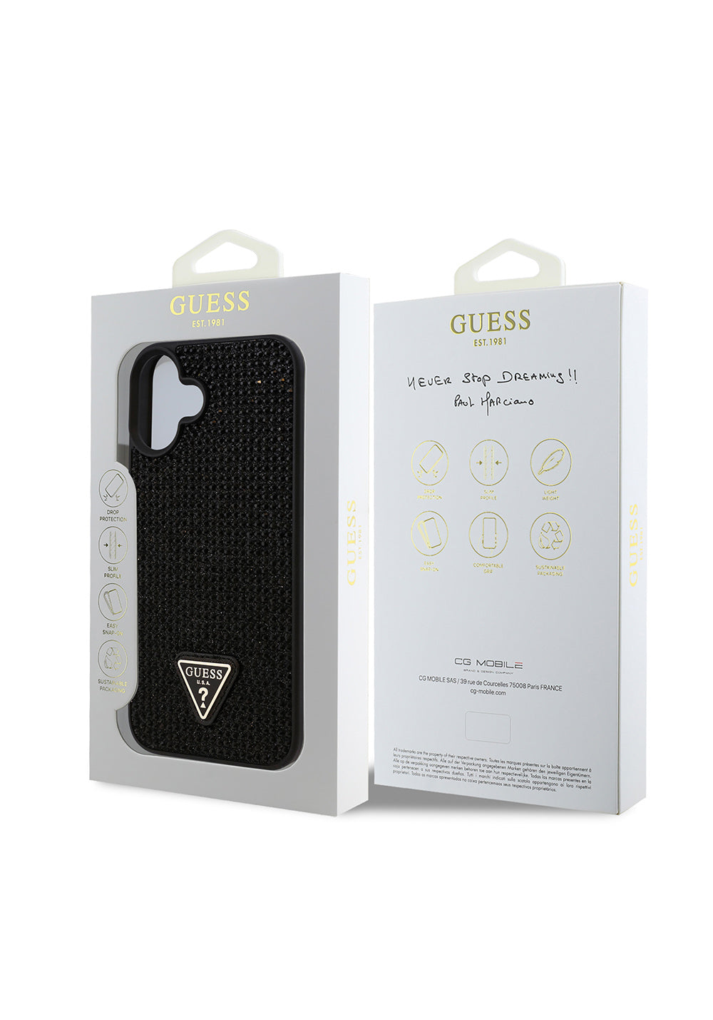Apple iPhone 16 Plus Kılıf Guess Orijinal Lisanslı Taşlı Arka Yüzey Üçgen Logolu Kapak