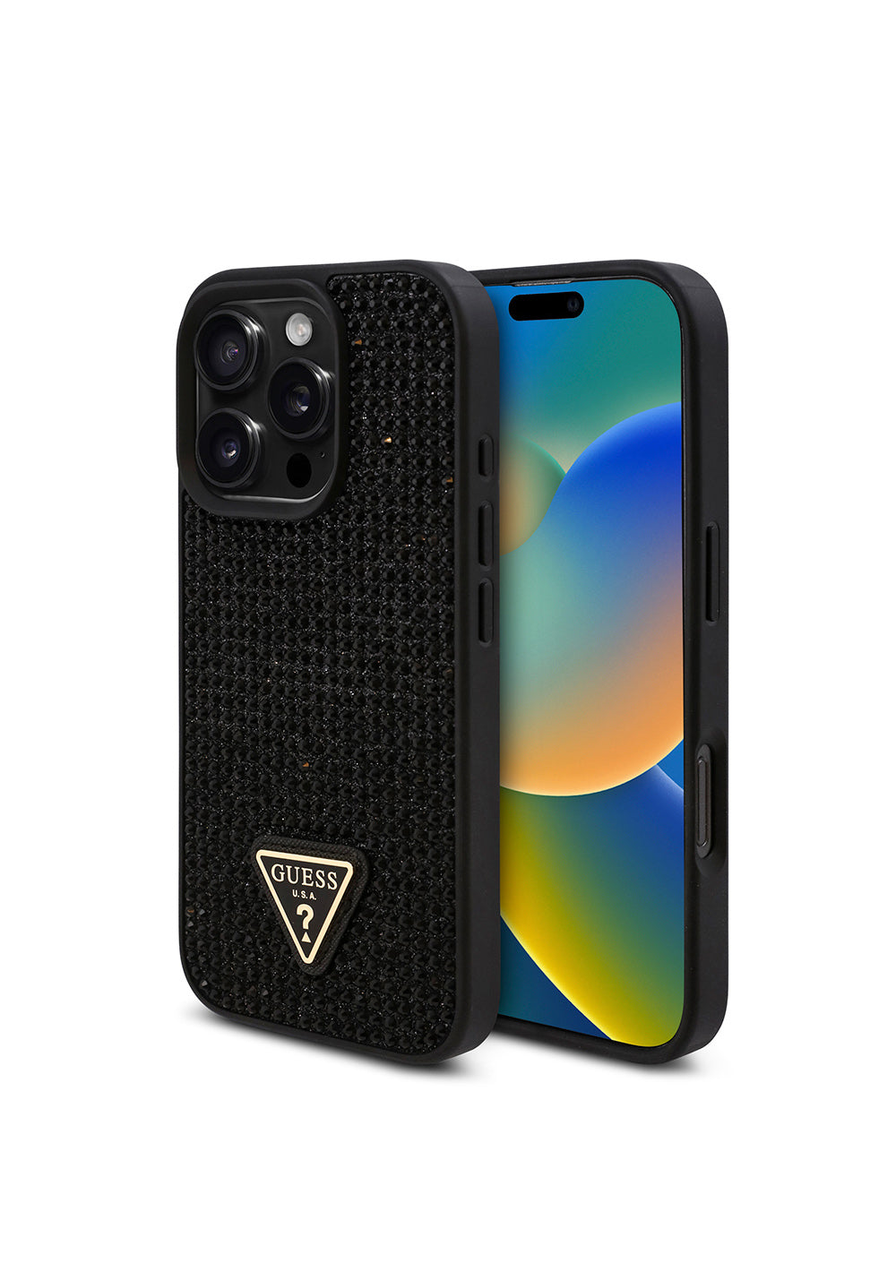 Apple iPhone 16 Pro Kılıf Guess Orijinal Lisanslı Taşlı Arka Yüzey Üçgen Logolu Kapak