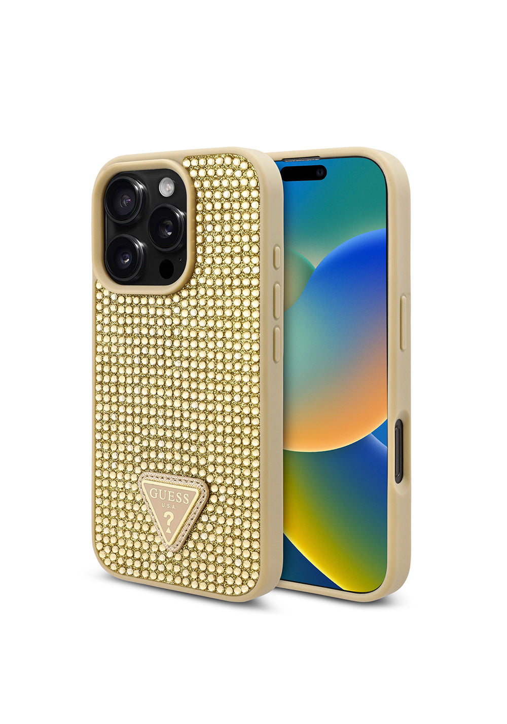 Apple iPhone 16 Pro Kılıf Guess Orijinal Lisanslı Taşlı Arka Yüzey Üçgen Logolu Kapak