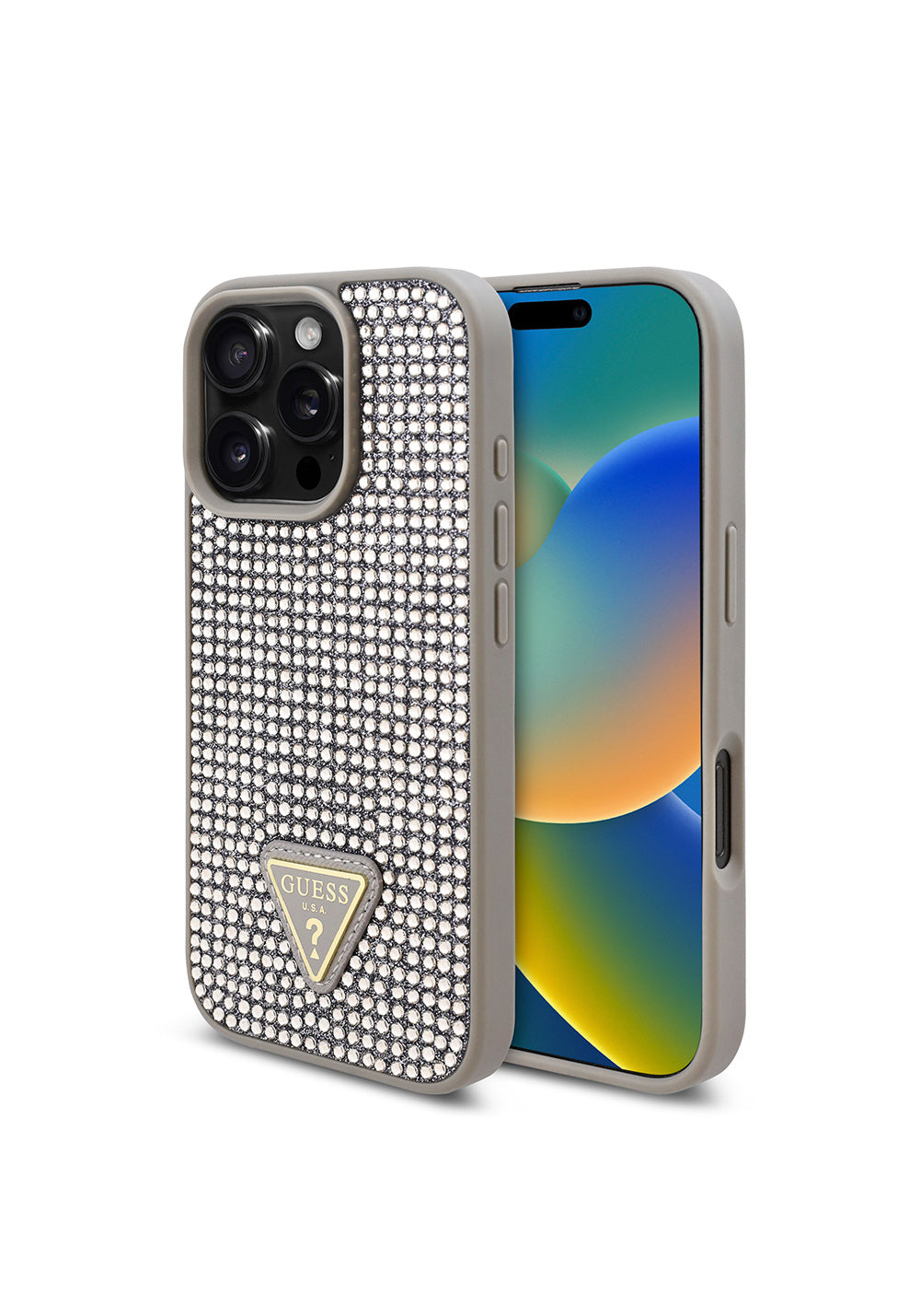 Apple iPhone 16 Pro Kılıf Guess Orijinal Lisanslı Taşlı Arka Yüzey Üçgen Logolu Kapak