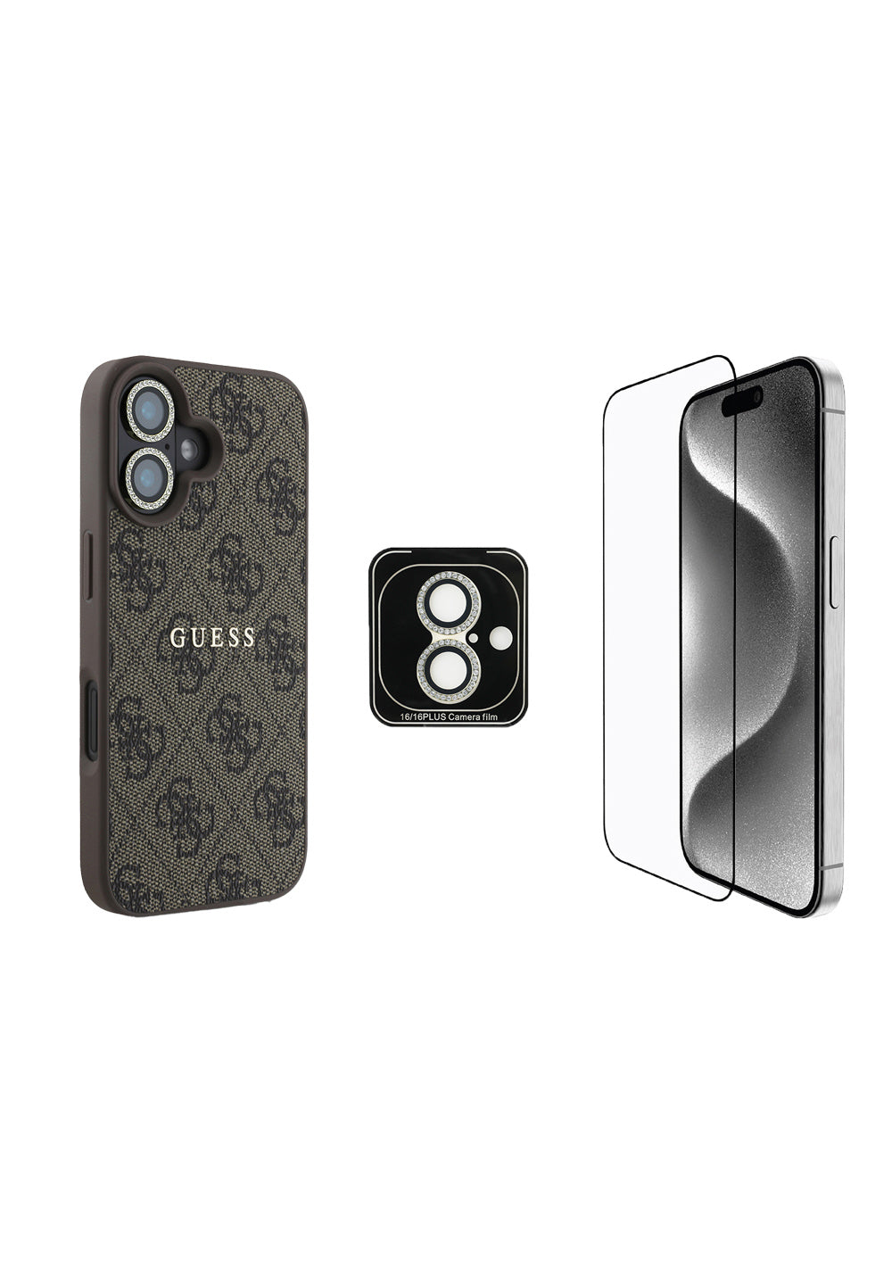 Apple iPhone 16 Guess Orijinal Lisanslı Kılıf + Ekran Koruyucu + Lens Koruyucu 3in1 Aksesuar Seti