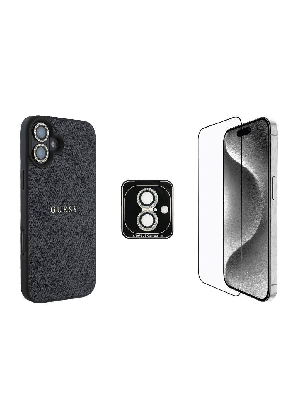 Apple iPhone 16 Guess Orijinal Lisanslı Kılıf + Ekran Koruyucu + Lens Koruyucu 3in1 Aksesuar Seti