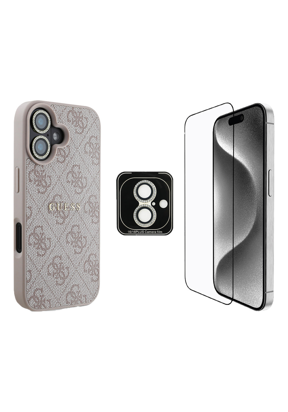 Apple iPhone 16 Guess Orijinal Lisanslı Kılıf + Ekran Koruyucu + Lens Koruyucu 3in1 Aksesuar Seti