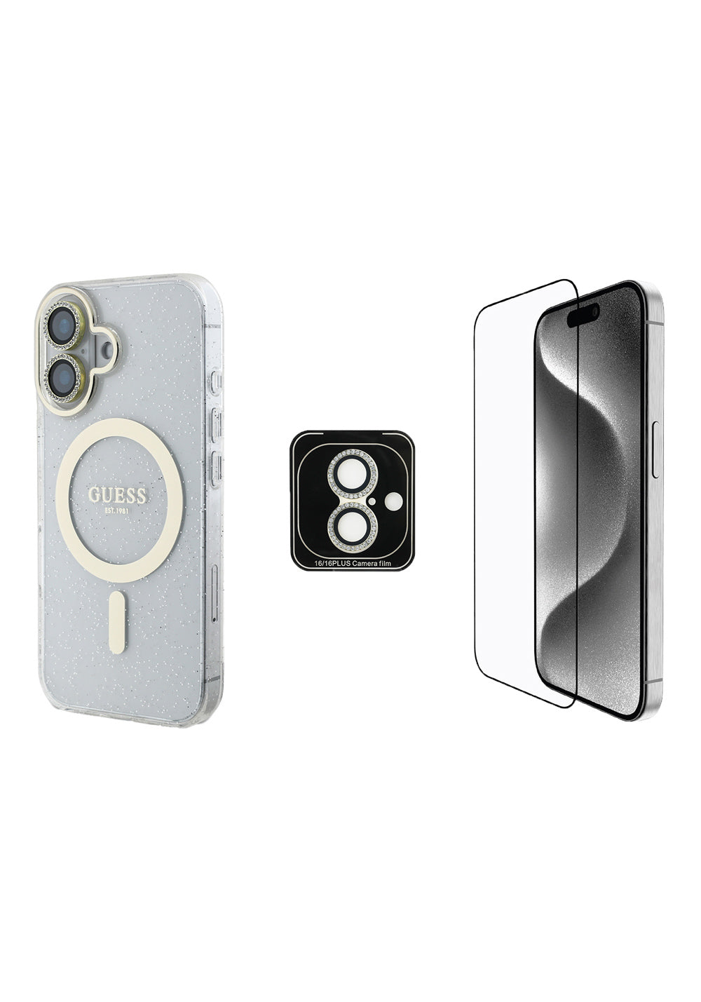 Apple iPhone 16 Guess Orijinal Lisanslı 3'lü Aksesuar Seti IML Baskılı Simli Glitter Kılıf + Ekran Koruyucu + Lens Koruyucu
