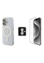 Guess iPhone 16 3'lü Aksesuar Seti IML Baskılı Simli Glitter Kılıf + Ekran Koruyucu + Lens Koruyucu