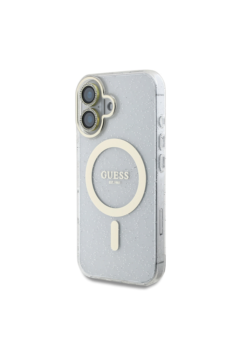 Apple iPhone 16 Guess Orijinal Lisanslı 3'lü Aksesuar Seti IML Baskılı Simli Glitter Kılıf + Ekran Koruyucu + Lens Koruyucu
