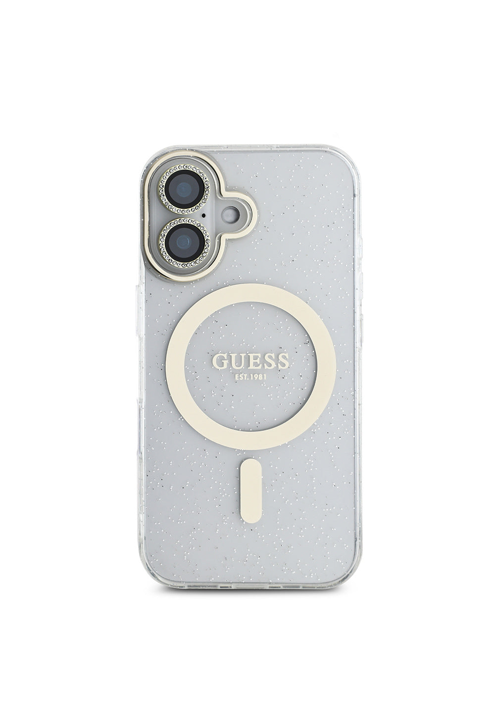 Apple iPhone 16 Guess Orijinal Lisanslı 3'lü Aksesuar Seti IML Baskılı Simli Glitter Kılıf + Ekran Koruyucu + Lens Koruyucu