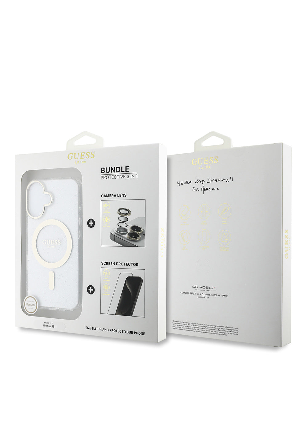 Apple iPhone 16 Guess Orijinal Lisanslı 3'lü Aksesuar Seti IML Baskılı Simli Glitter Kılıf + Ekran Koruyucu + Lens Koruyucu