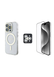 Guess iPhone 16 Pro 3'lü Aksesuar Seti IML Baskılı Simli Glitter Kılıf + Ekran Koruyucu + Lens Koruyucu