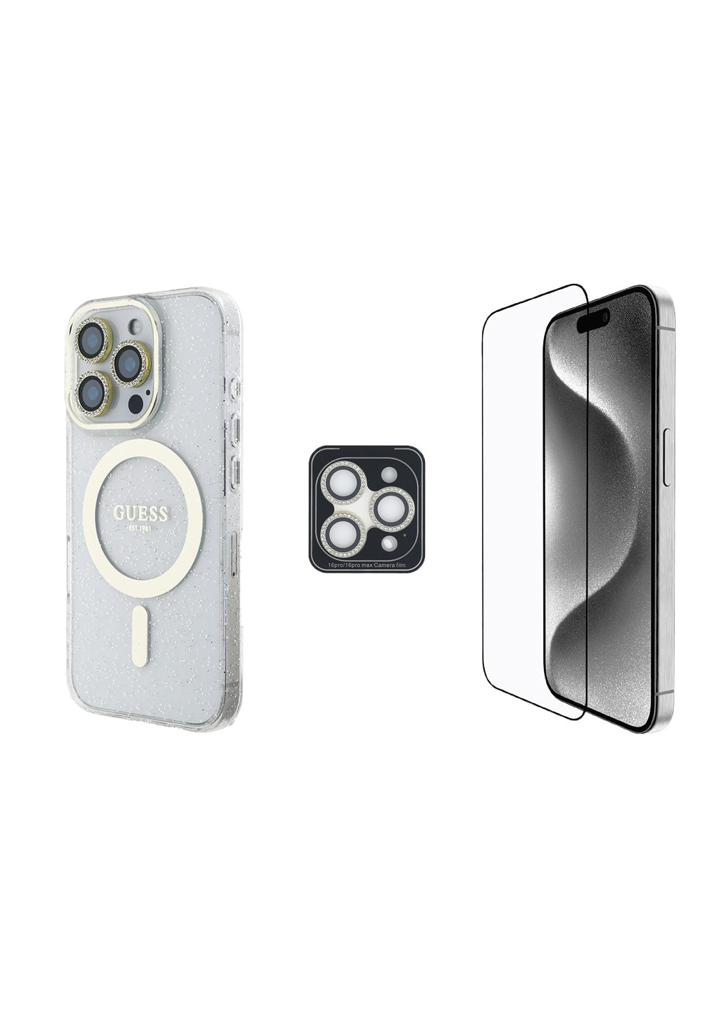 Apple iPhone 16 Pro Guess Orijinal Lisanslı 3'lü Aksesuar Seti IML Baskılı Simli Glitter Kılıf + Ekran Koruyucu + Lens Koruyucu