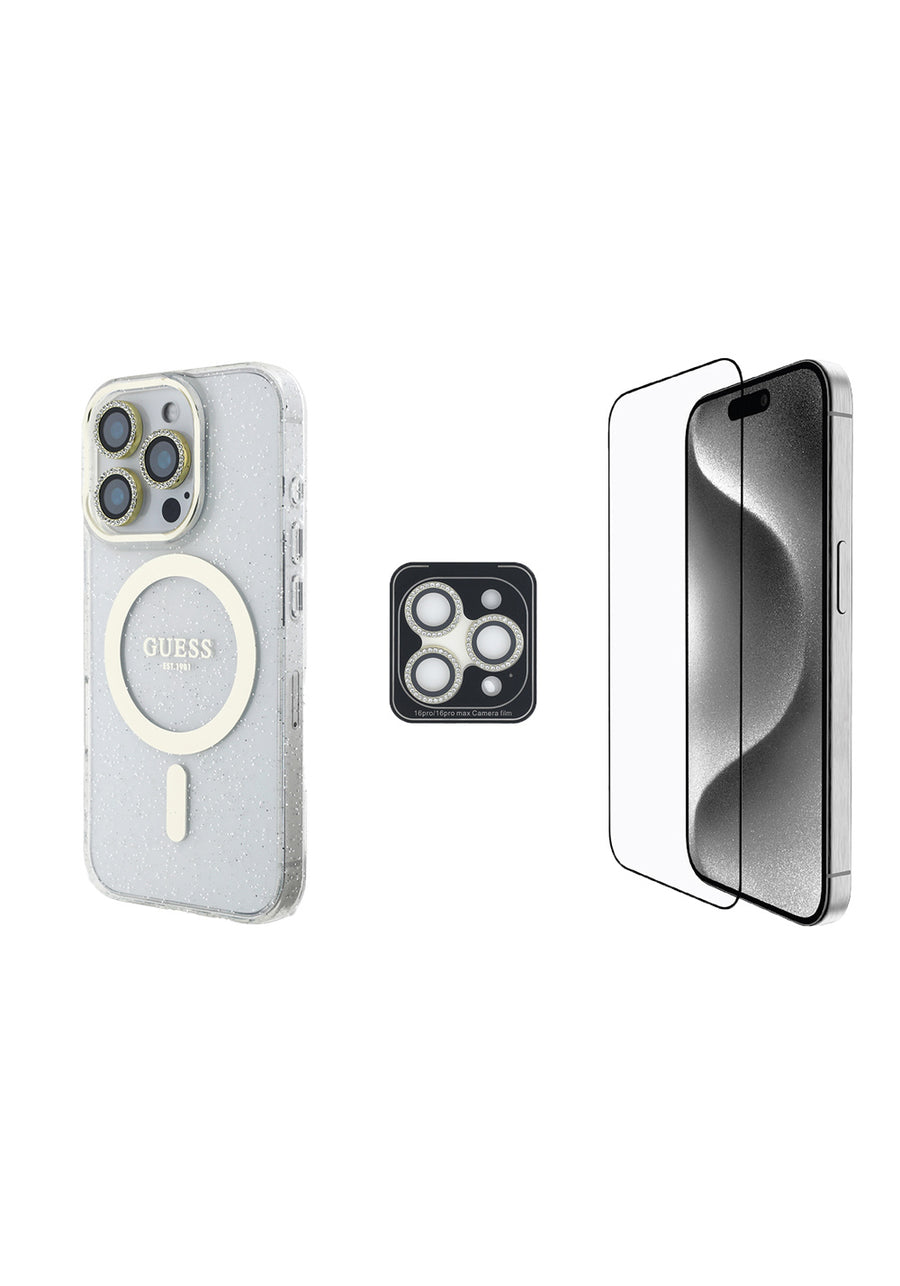 Guess iPhone 16 Pro 3'lü Aksesuar Seti IML Baskılı Simli Glitter Kılıf + Ekran Koruyucu + Lens Koruyucu