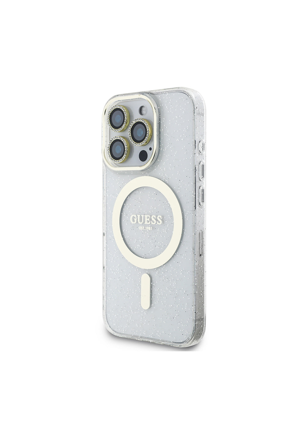Apple iPhone 16 Pro Guess Orijinal Lisanslı 3'lü Aksesuar Seti IML Baskılı Simli Glitter Kılıf + Ekran Koruyucu + Lens Koruyucu