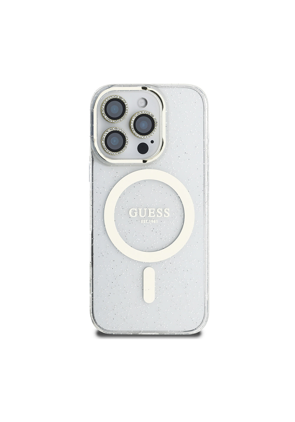 Apple iPhone 16 Pro Guess Orijinal Lisanslı 3'lü Aksesuar Seti IML Baskılı Simli Glitter Kılıf + Ekran Koruyucu + Lens Koruyucu