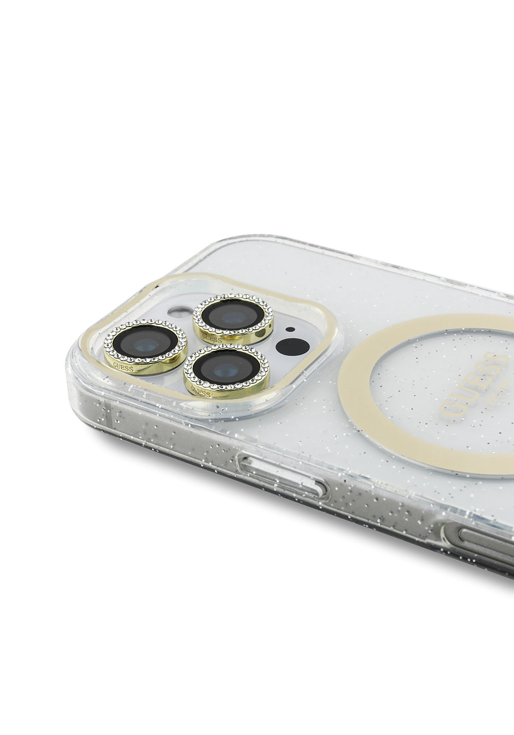 Apple iPhone 16 Pro Guess Orijinal Lisanslı 3'lü Aksesuar Seti IML Baskılı Simli Glitter Kılıf + Ekran Koruyucu + Lens Koruyucu