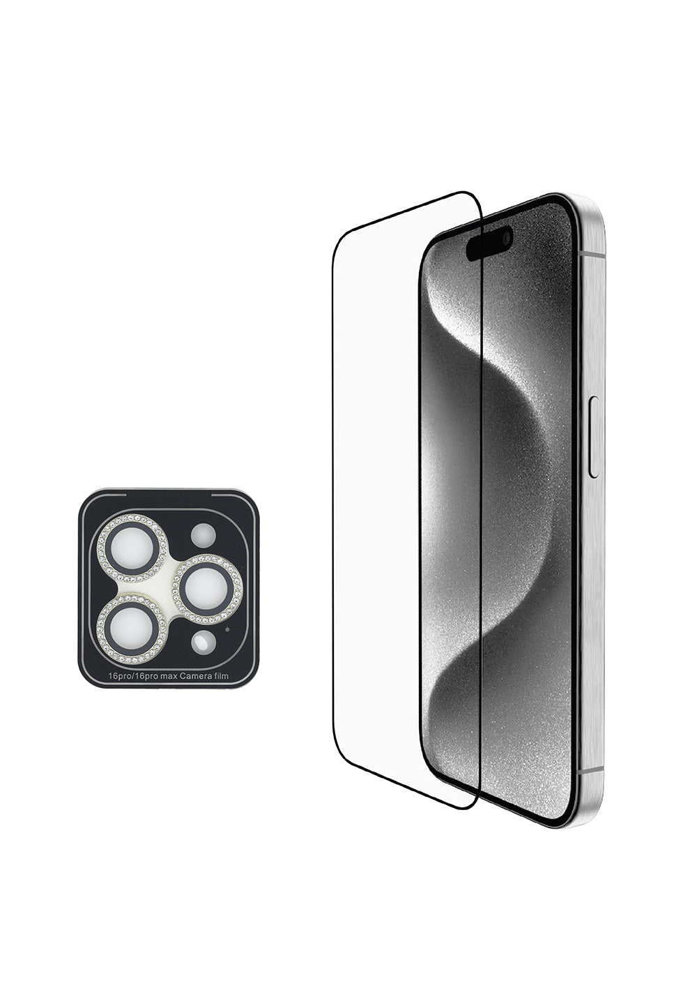 Apple iPhone 16 Pro Guess Orijinal Lisanslı 3'lü Aksesuar Seti IML Baskılı Simli Glitter Kılıf + Ekran Koruyucu + Lens Koruyucu