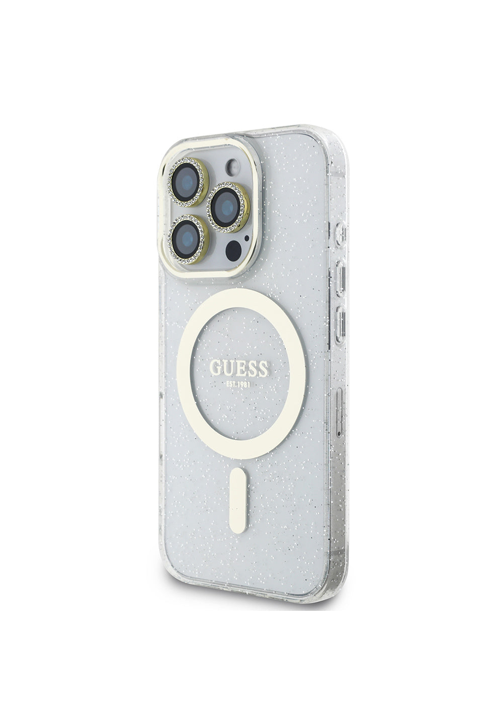 Apple iPhone 16 Pro Max Guess Orijinal Lisanslı 3'lü Aksesuar Seti IML Baskılı Simli Glitter Kılıf + Ekran Koruyucu + Lens Koruyucu