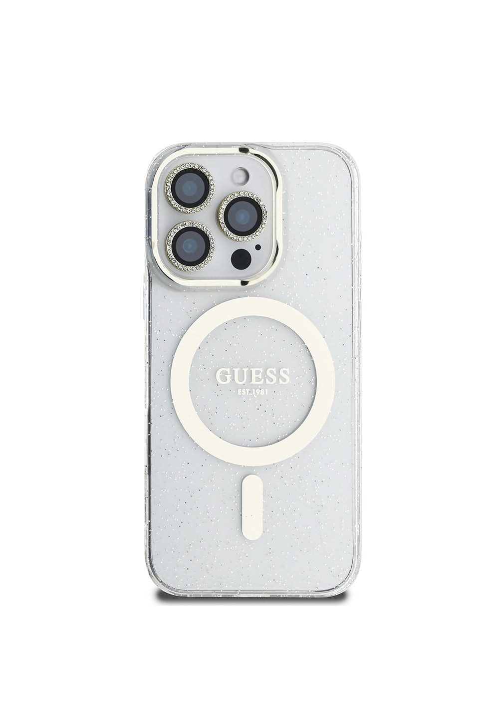 Apple iPhone 16 Pro Max Guess Orijinal Lisanslı 3'lü Aksesuar Seti IML Baskılı Simli Glitter Kılıf + Ekran Koruyucu + Lens Koruyucu