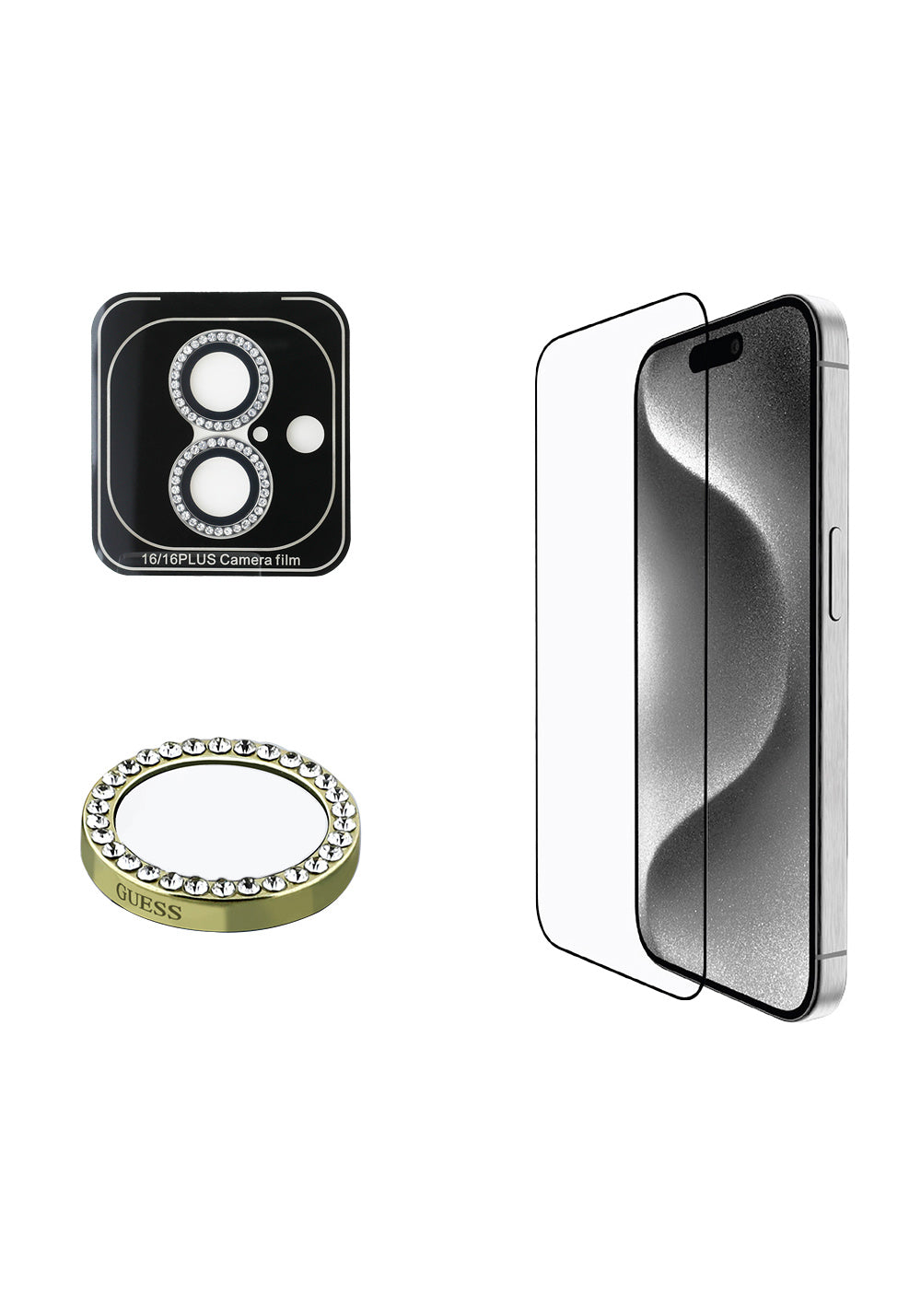Apple iPhone 16 Guess Orijinal Lisanslı Rhinestone Ekran Koruyucu + Lens Koruyucu 2in1 Aksesuar Seti