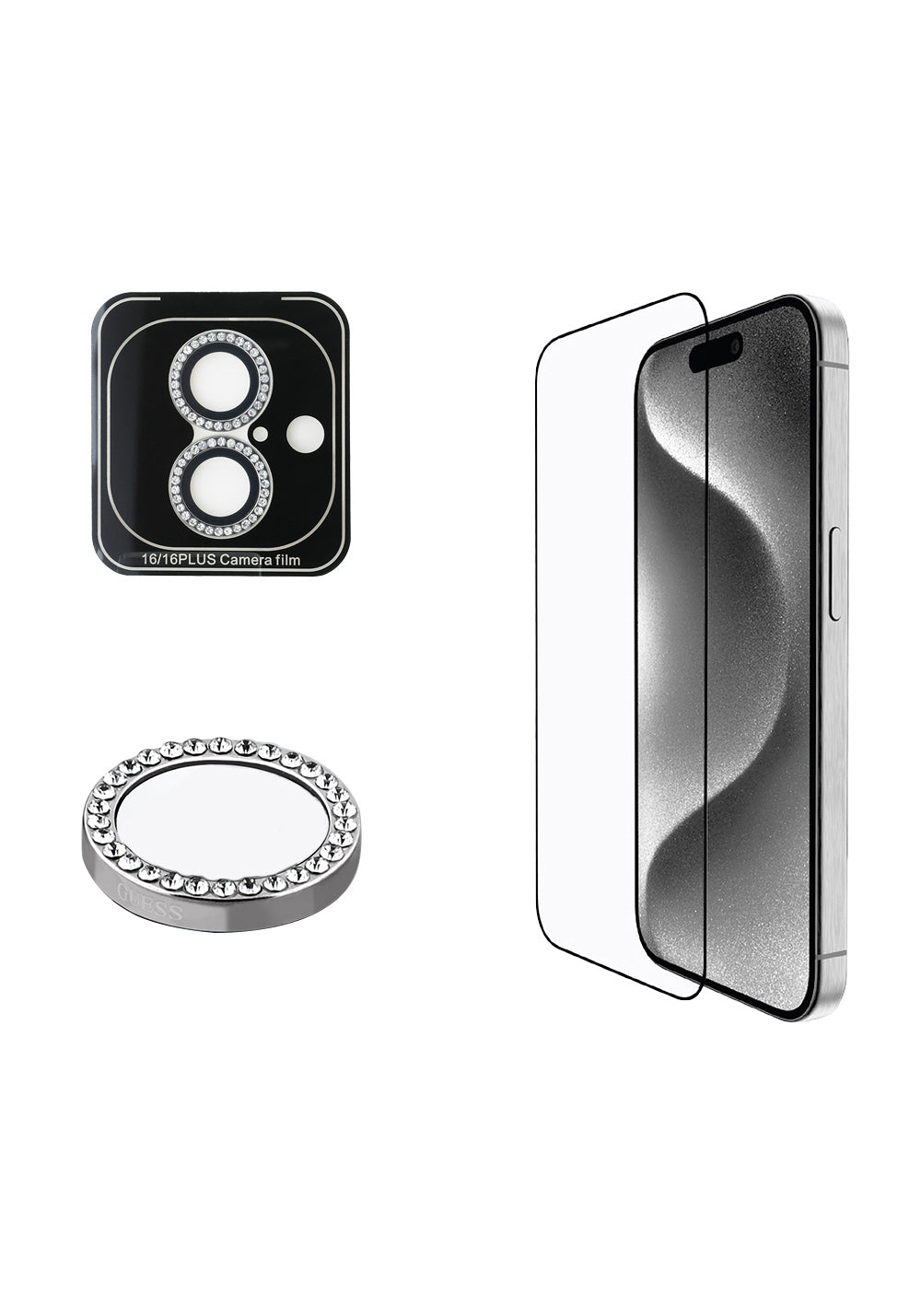 Apple iPhone 16 Plus Guess Orijinal Lisanslı Rhinestone Ekran Koruyucu + Lens Koruyucu 2in1 Aksesuar Seti