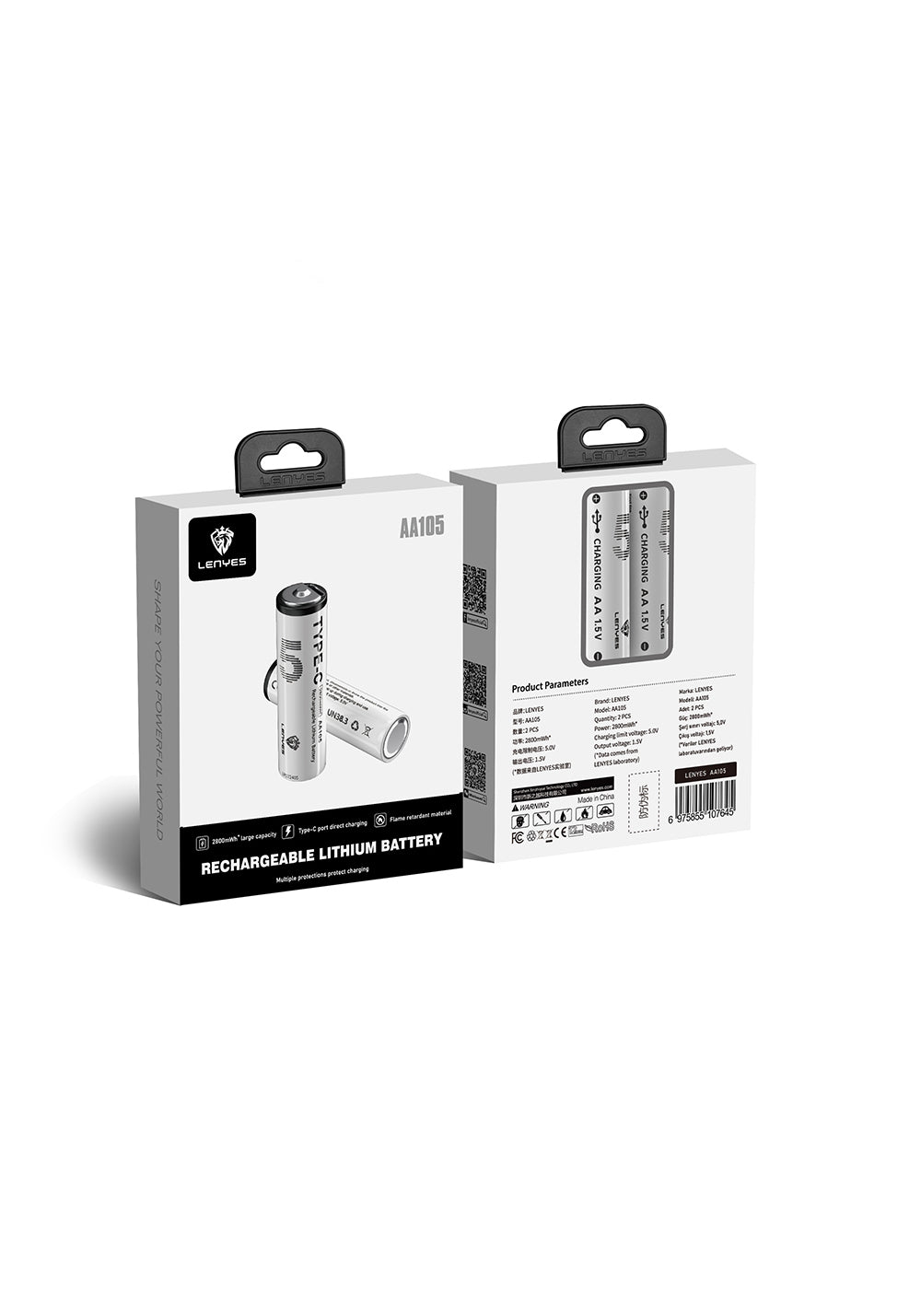 Lenyes AA105 Type-C Şarj Portlu Şarj Edilebilir AA Lityum-ion Pil 2800mWh 1.5V 2 Adet