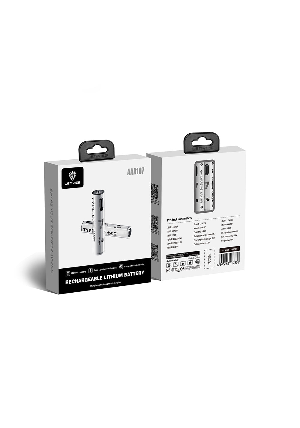 Lenyes AAA107 Type-C Şarj Portlu Şarj Edilebilir AAA Lityum-ion Pil 600mWh 1.5V 2 Adet