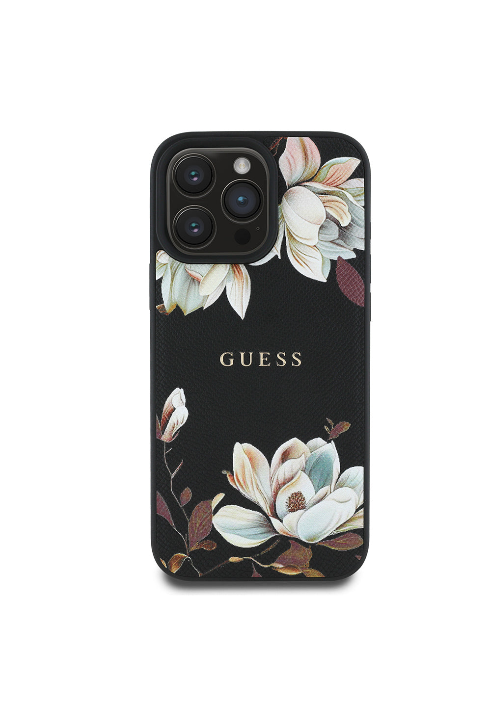 Apple iPhone 16 Pro Kılıf Guess Orijinal Lisanslı Manyetik Şarj Uyumlu Taneli Çiçek Tasarımlı Metal Yazı Logolu Kapak