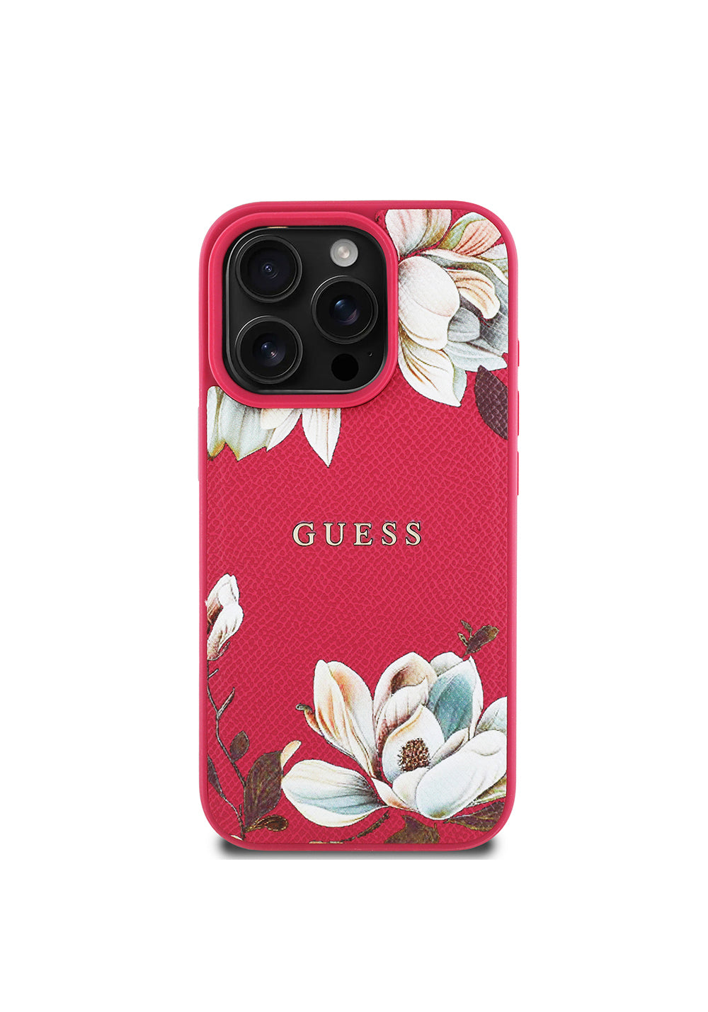 Apple iPhone 16 Pro Kılıf Guess Orijinal Lisanslı Manyetik Şarj Uyumlu Taneli Çiçek Tasarımlı Metal Yazı Logolu Kapak
