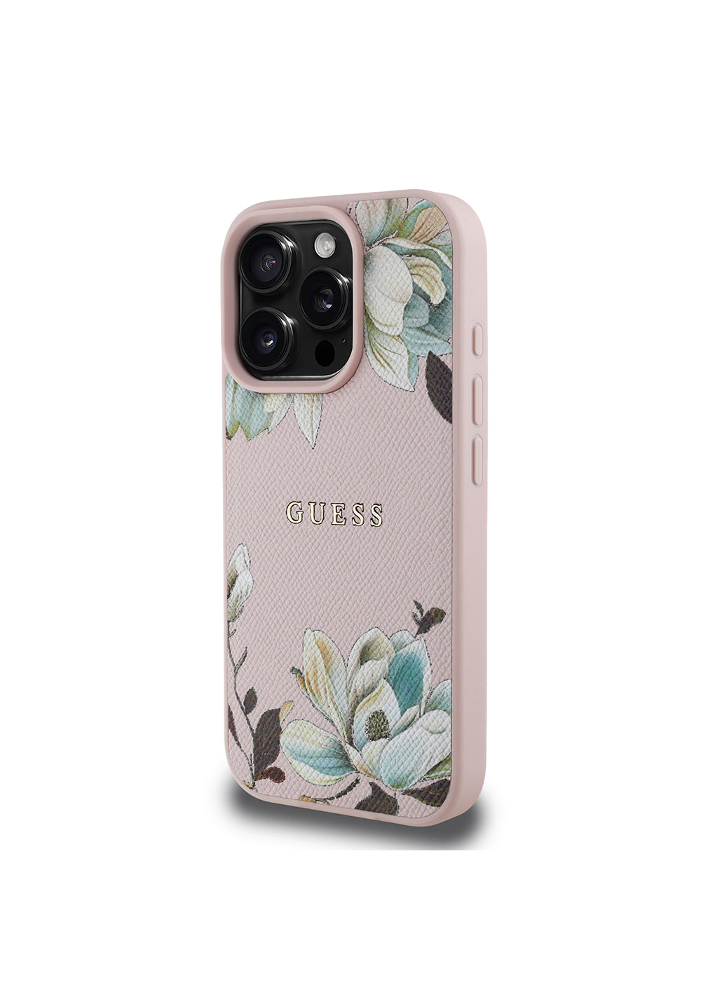 Apple iPhone 16 Pro Kılıf Guess Orijinal Lisanslı Manyetik Şarj Uyumlu Taneli Çiçek Tasarımlı Metal Yazı Logolu Kapak