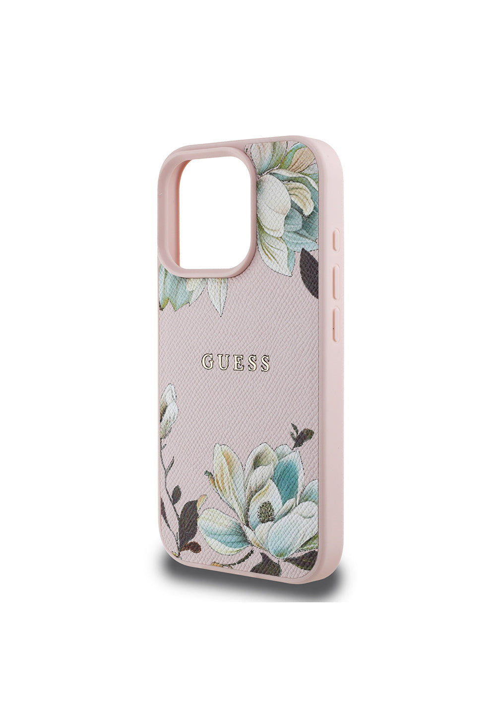 Apple iPhone 16 Pro Kılıf Guess Orijinal Lisanslı Manyetik Şarj Uyumlu Taneli Çiçek Tasarımlı Metal Yazı Logolu Kapak