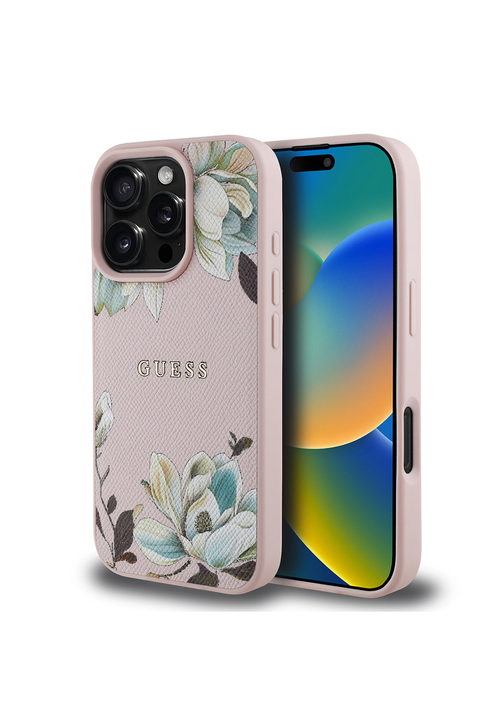 Apple iPhone 16 Pro Kılıf Guess Orijinal Lisanslı Manyetik Şarj Uyumlu Taneli Çiçek Tasarımlı Metal Yazı Logolu Kapak