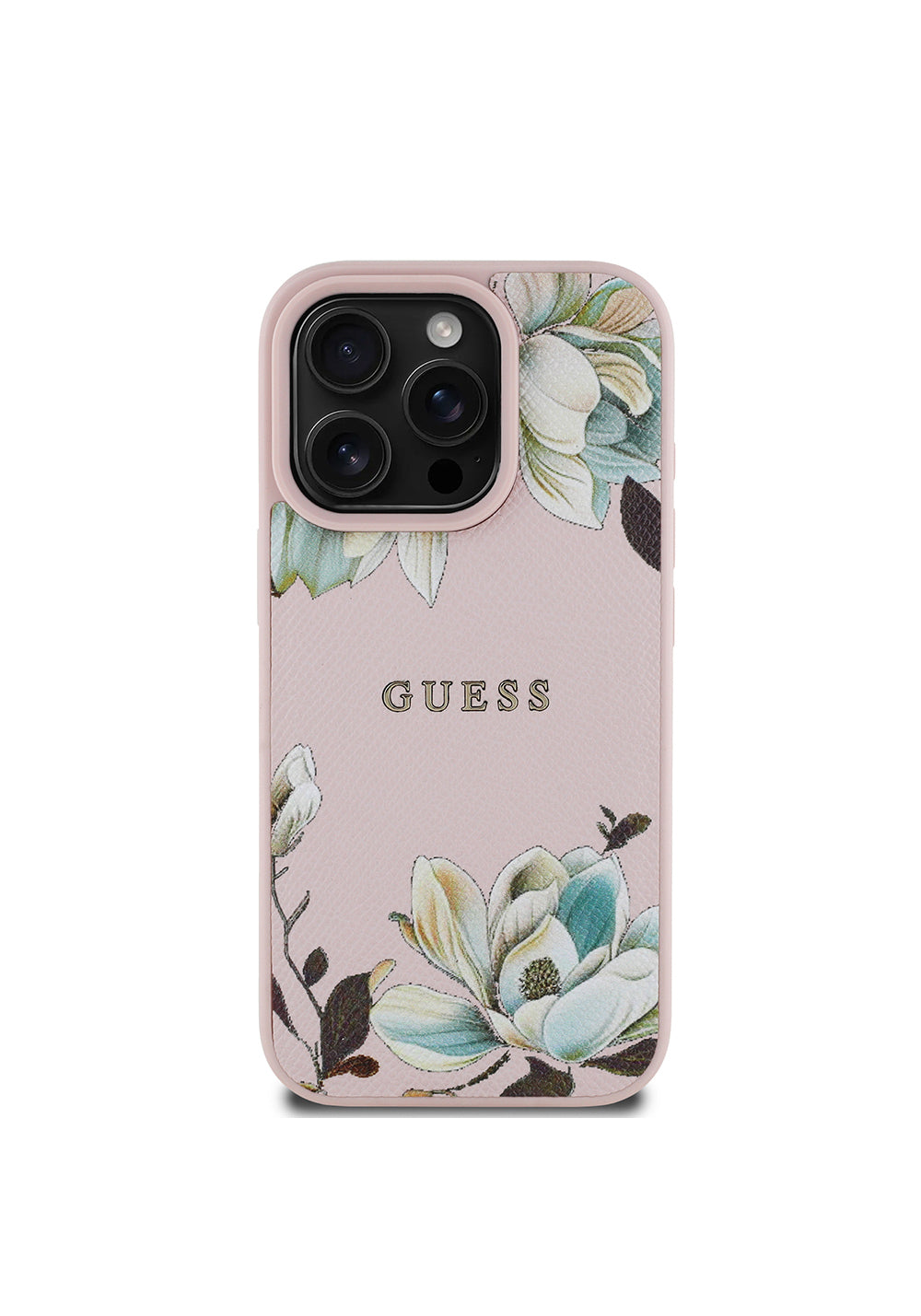 Apple iPhone 16 Pro Max Kılıf Guess Orijinal Lisanslı Manyetik Şarj Uyumlu Taneli Çiçek Tasarımlı Metal Yazı Logolu Kapak
