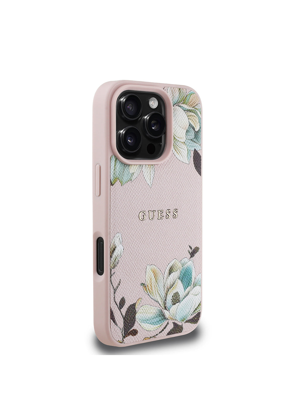 Apple iPhone 16 Pro Max Kılıf Guess Orijinal Lisanslı Manyetik Şarj Uyumlu Taneli Çiçek Tasarımlı Metal Yazı Logolu Kapak