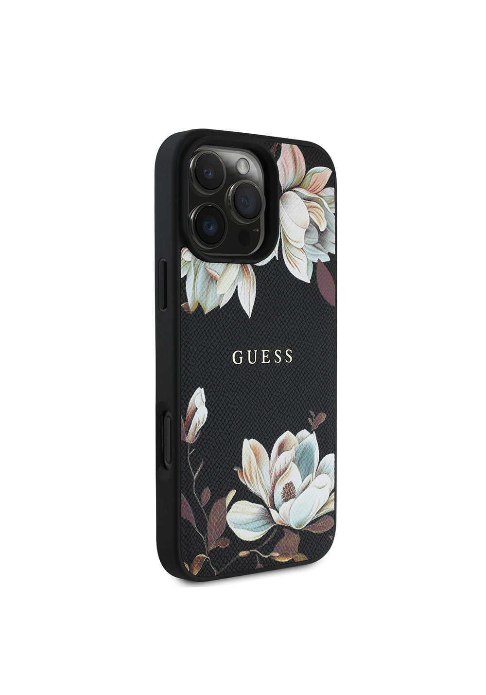 Apple iPhone 16 Pro Max Kılıf Guess Orijinal Lisanslı Manyetik Şarj Uyumlu Taneli Çiçek Tasarımlı Metal Yazı Logolu Kapak