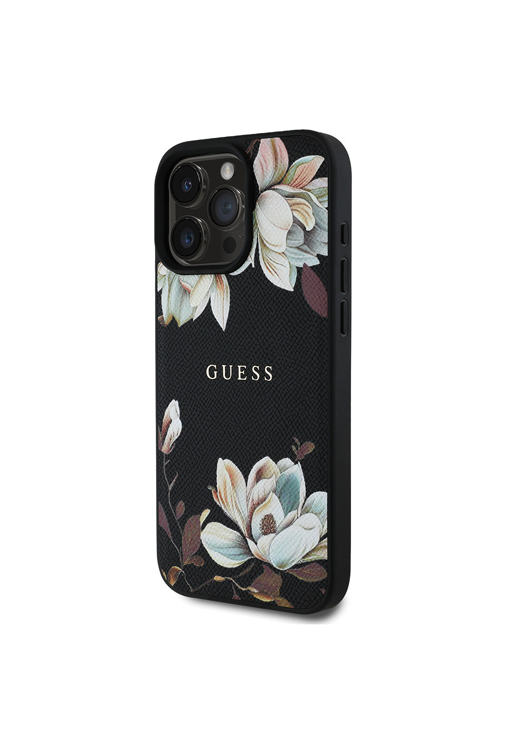 Apple iPhone 16 Pro Max Kılıf Guess Orijinal Lisanslı Manyetik Şarj Uyumlu Taneli Çiçek Tasarımlı Metal Yazı Logolu Kapak