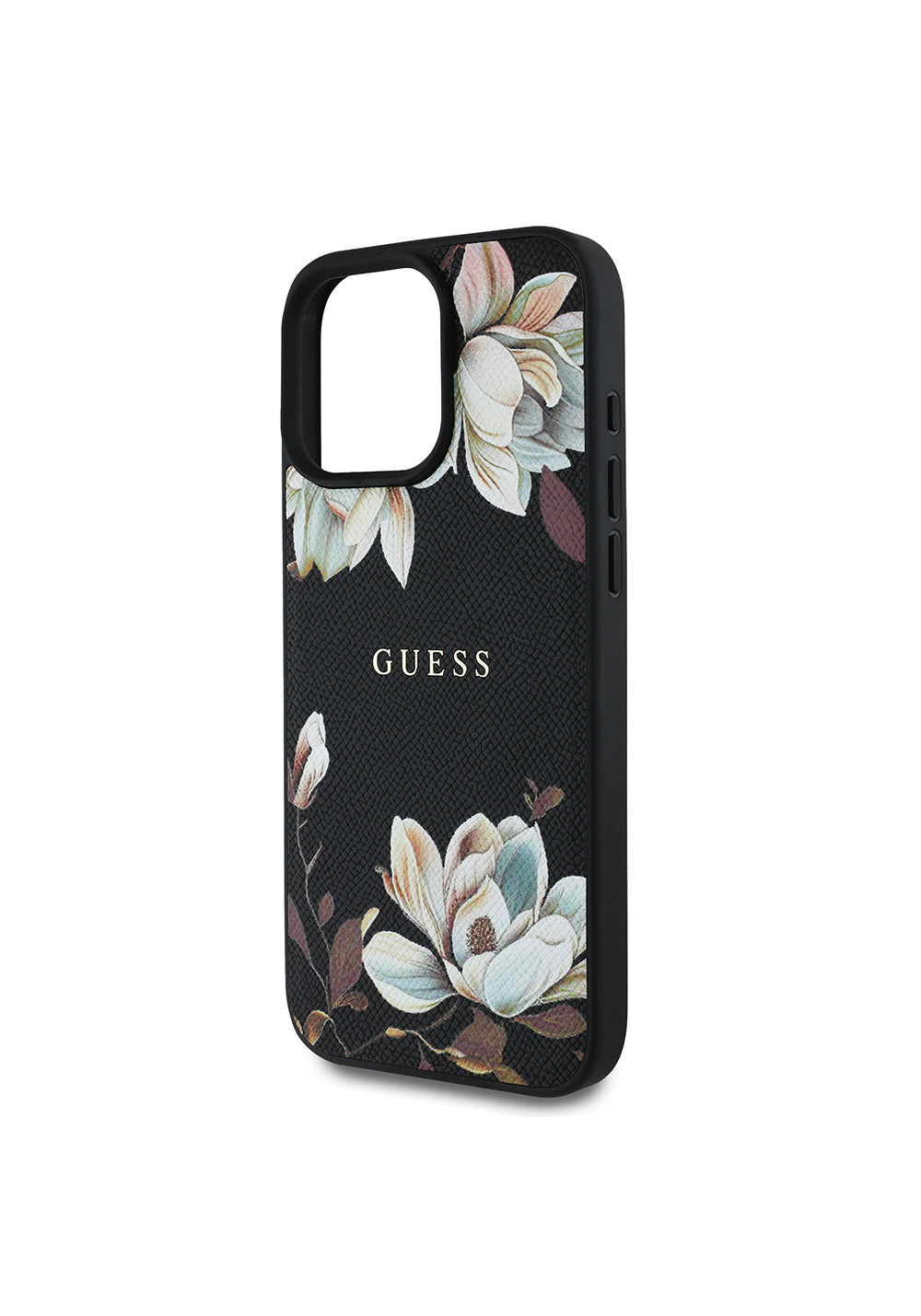Apple iPhone 16 Pro Max Kılıf Guess Orijinal Lisanslı Manyetik Şarj Uyumlu Taneli Çiçek Tasarımlı Metal Yazı Logolu Kapak