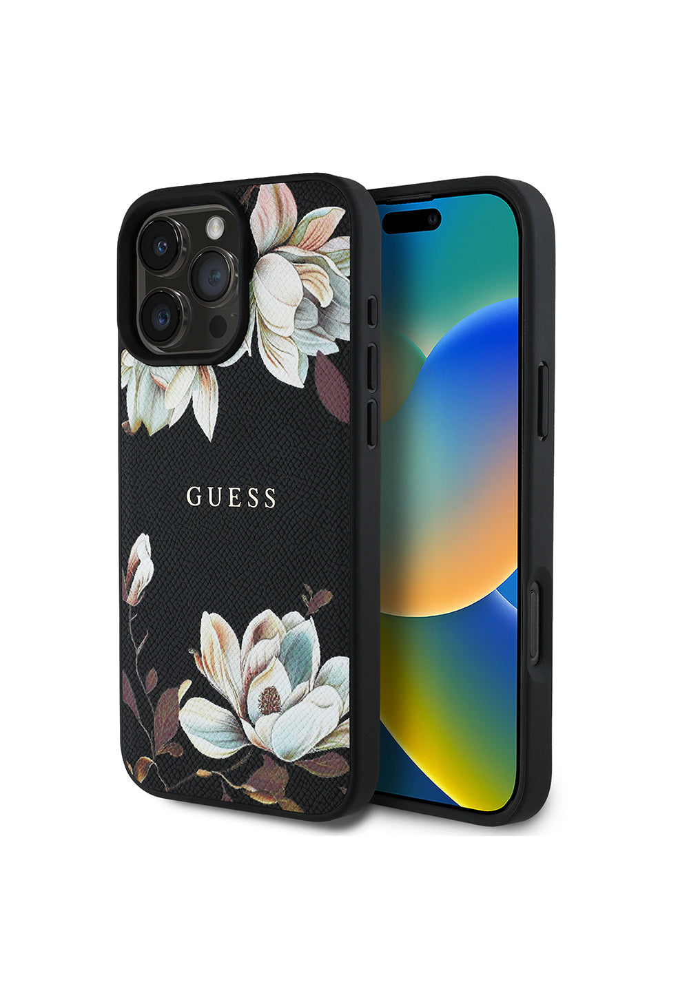 Apple iPhone 16 Pro Max Kılıf Guess Orijinal Lisanslı Manyetik Şarj Uyumlu Taneli Çiçek Tasarımlı Metal Yazı Logolu Kapak
