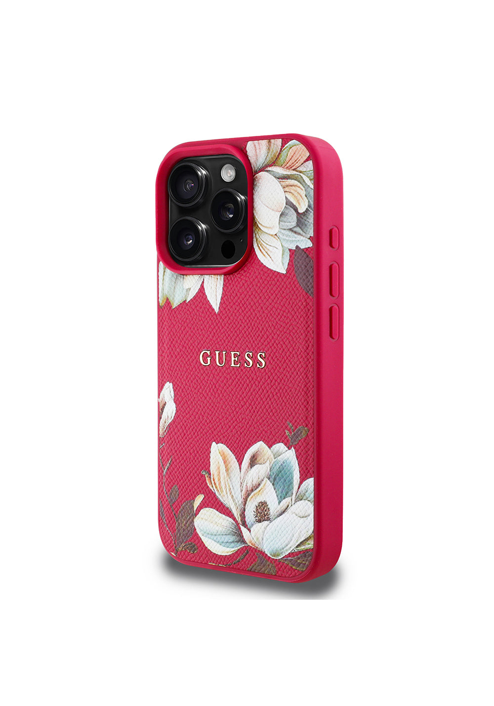 Apple iPhone 16 Pro Max Kılıf Guess Orijinal Lisanslı Manyetik Şarj Uyumlu Taneli Çiçek Tasarımlı Metal Yazı Logolu Kapak