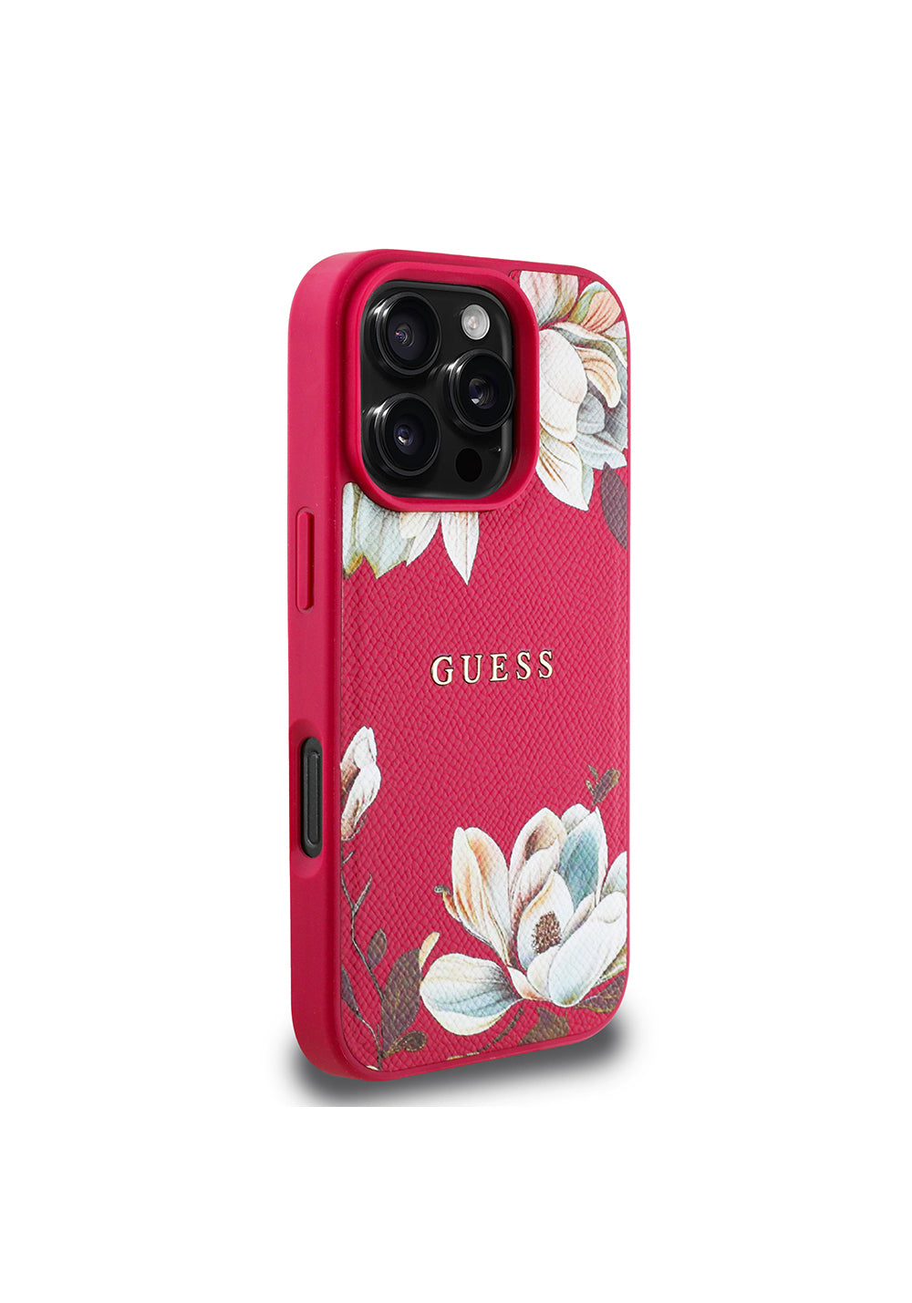 Apple iPhone 16 Pro Max Kılıf Guess Orijinal Lisanslı Manyetik Şarj Uyumlu Taneli Çiçek Tasarımlı Metal Yazı Logolu Kapak