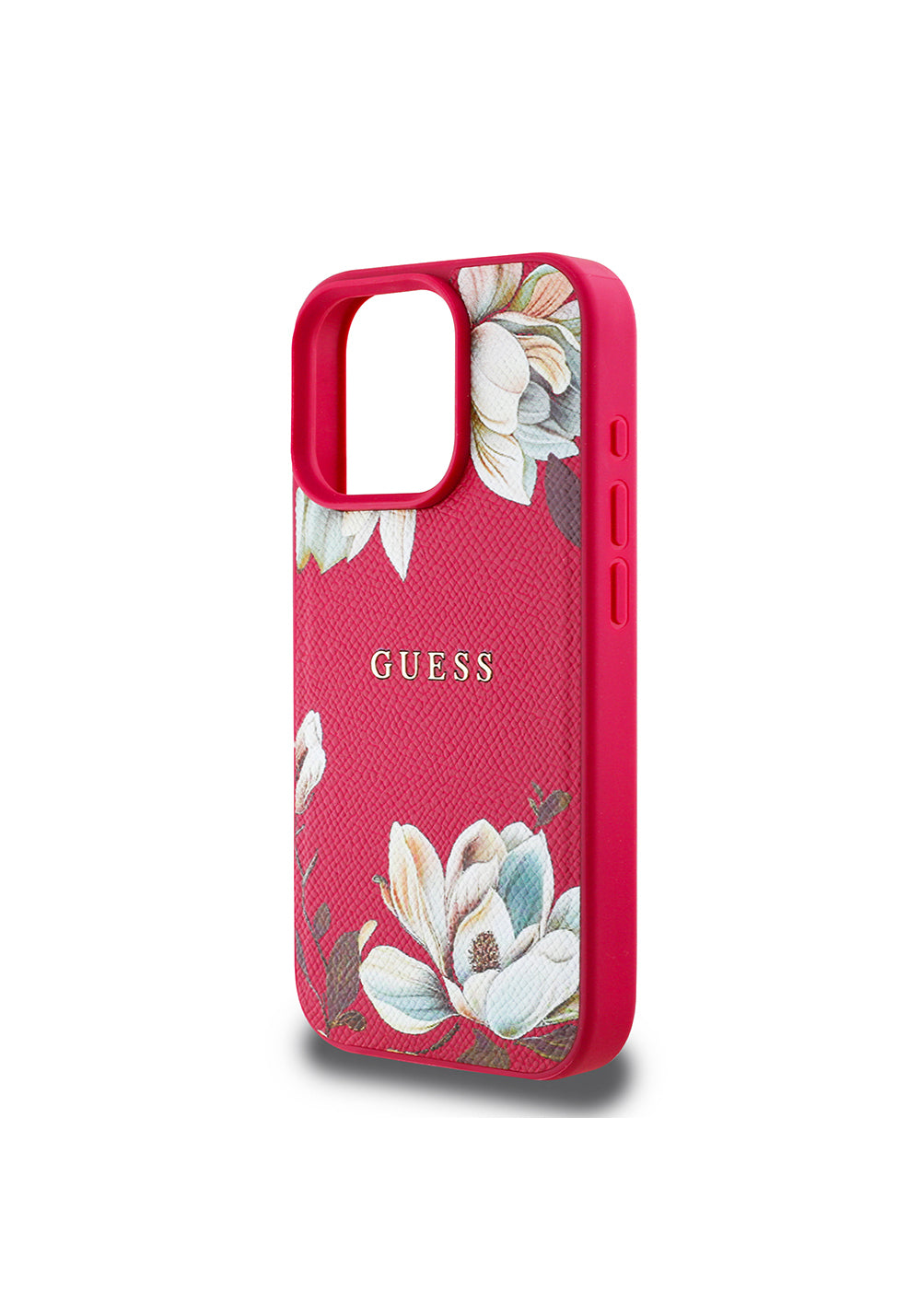 Apple iPhone 16 Pro Max Kılıf Guess Orijinal Lisanslı Manyetik Şarj Uyumlu Taneli Çiçek Tasarımlı Metal Yazı Logolu Kapak